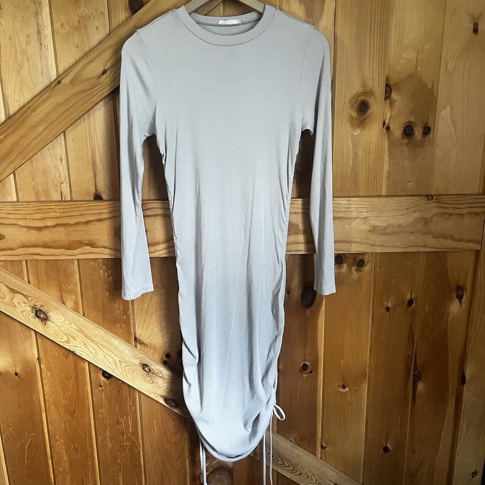 Illa Illa Women's Size Large Ivory Dress Ribbed Long Sleeve Ruchedโ Drawstring